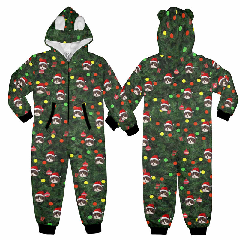 [Thick Soft Fabric] Funny Flannel Fleece Adult Onesie Pajamas Custom Face Christmas Tree Lights Printed Jumpsuit Homewear