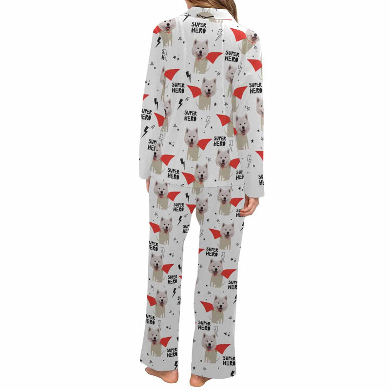 Custom Face Pajama Super Women's Long Pajama Set Matching Dog Bandana Personalized Sleepwear