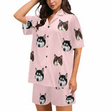 [Up To 5 Faces] Custom Face Pajama Set Solid Color Loungewear Personalized Photo Sleepwear Women's V-Neck Short Pajama Set