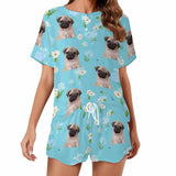 Custom Face Women's Short Set Pajama Set Blue Flower Loungewear Matching Dog Bandana Personalized Face Pajama