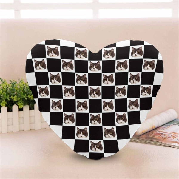 Custom Face Black White Grid Heart-Shaped Pillow