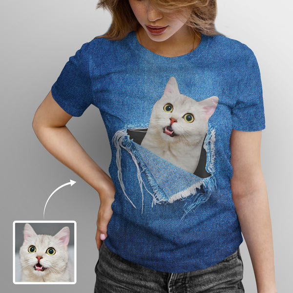 [Flash Sale] Custom Pet Photo Hole Blue Women's T-shirt Personalized Women's All Over Print T-shirt