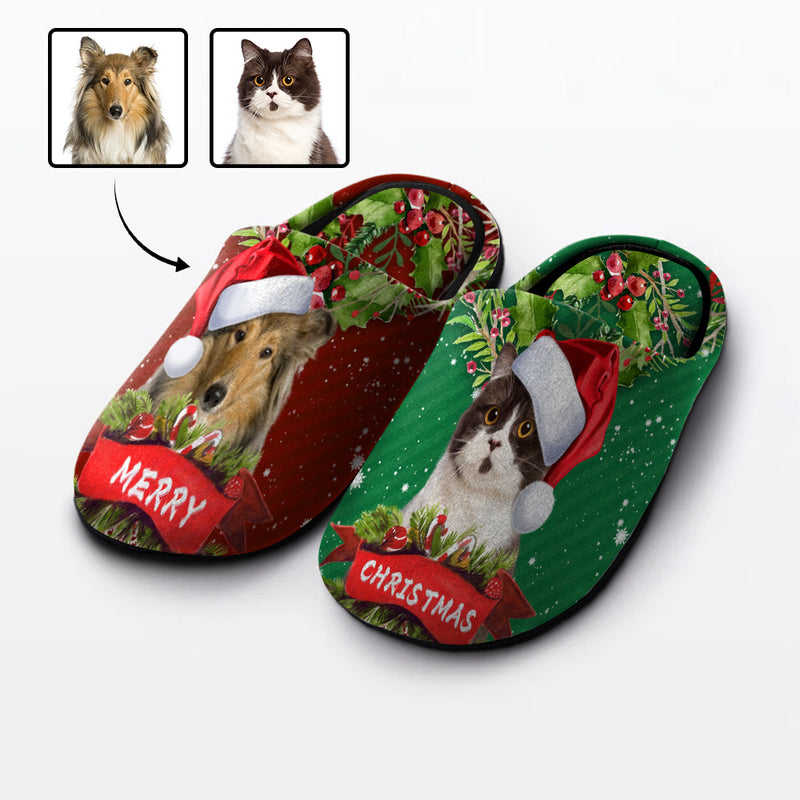 Couple Gift Red Green Custom Pet Cat Photo All Over Print Personalized Non-Slip Cotton Slippers For Girlfriend Boyfriend