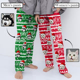 Custom Pet Face Christmas Red Hat Snowflake Sleepwear Personalized Women's&Men's Slumber Party Long Pajama Pants