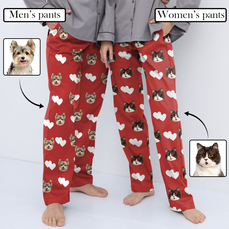 Custom Couple Face White Hearts Red Background Sleepwear Personalized Women's&Men's Slumber Party Long Pajama Pants