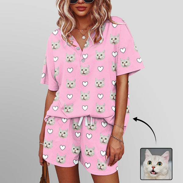 Custom Pet Pink Pajama Set Women's Short Sleeve Top and Shorts Loungewear Athletic Tracksuits