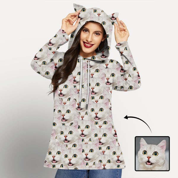 Custom Seamless Face Hoodie Three Quarter Sleeve Cool Hoodie Designs Women's Cat Ear Hooded Pullover