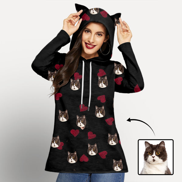 Custom Face Hoodie Love Heart Three Hoodies Quarter Sleeve Cool Hoodie Designs Women's Cat Ear Hooded Pullover