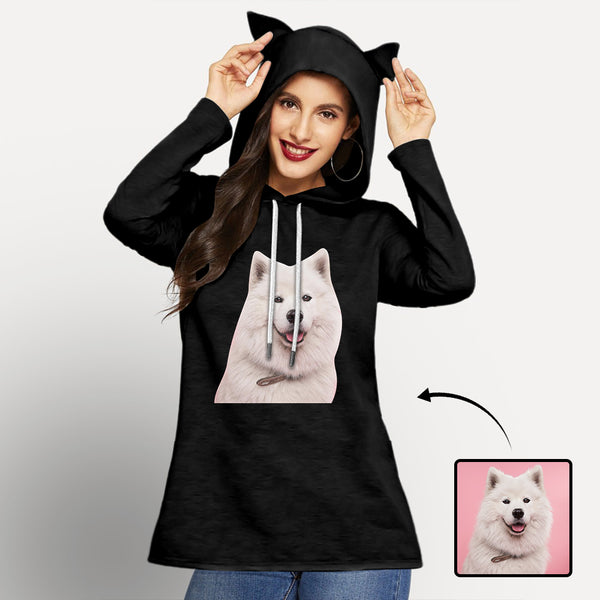 Custom Pet Face Hoodie Three Quarter Sleeve Cool Hoodie Designs Women's Cat Ear Hooded Pullover