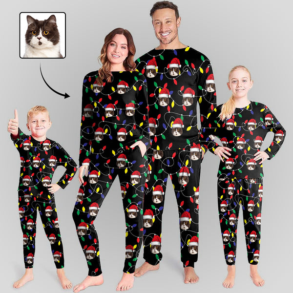 Face Pajamas Custom Face Colored Light Bulbs Red Christmas Hat Family Matching Long Sleeve Pajama Set Personalized Photo Loungewear