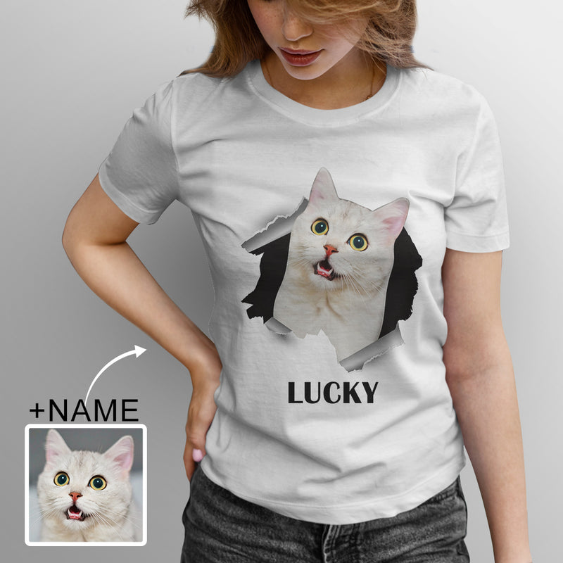 【Flash Sale】Custom Pet  Face Photo&Name White Classic Women's T-shirt Personalized Women's All Over Print T-shirt