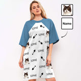 Custom Pet Face&Name Paw Bone Pajamas for Women's Oversized Sleep Tee Personalized Women's Loose Nightshirt Sleepwear