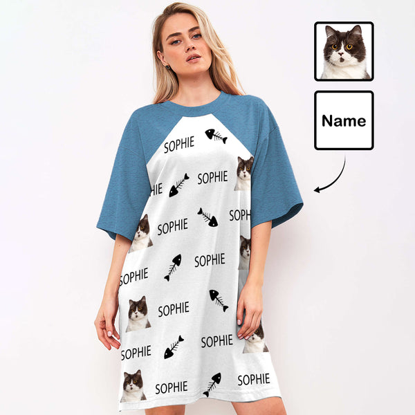 Custom Pet Face&Name Paw Bone Pajamas for Women's Oversized Sleep Tee Personalized Women's Loose Nightshirt Sleepwear