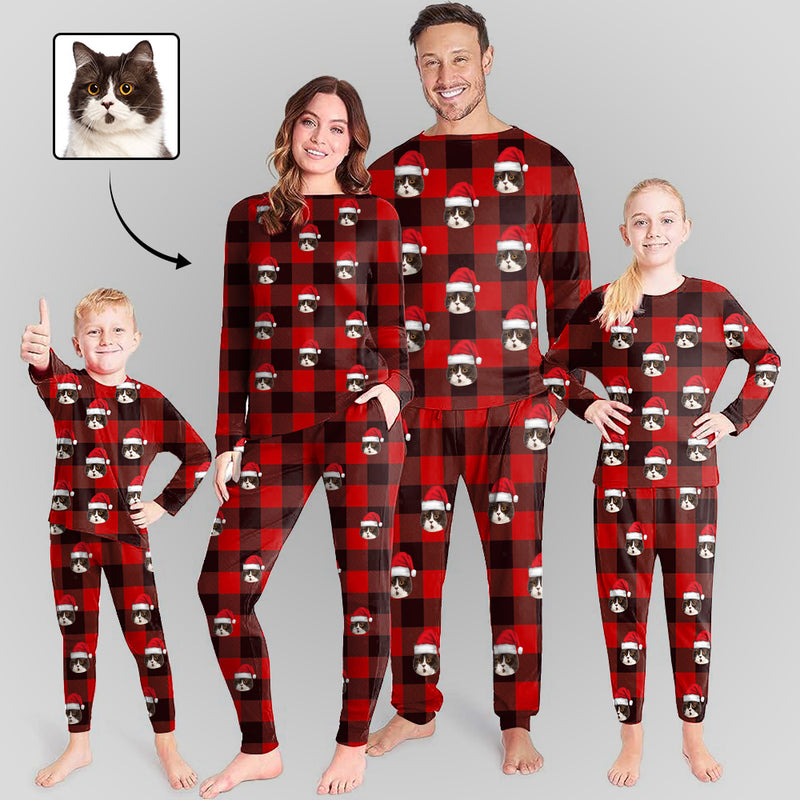 Custom Face Christmas Hat Red Black Stripes Nightwear Personalized Family Matching Long Sleeve Pajamas Set