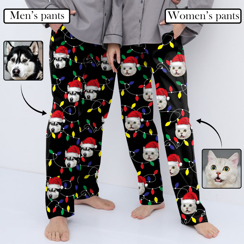 Custom Pet Face Colored Light Bulbs Christmas Red Hat Sleepwear Personalized Women's&Men's Slumber Party Long Pajama Pants