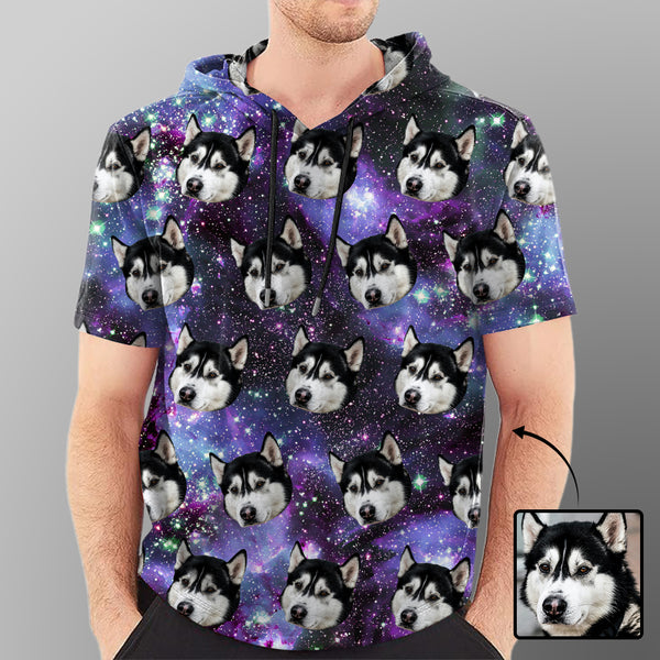 Custom Face Short Sleeve Hoodie Men's Galaxy Starry Night Custom Face Loose Hoodie Top