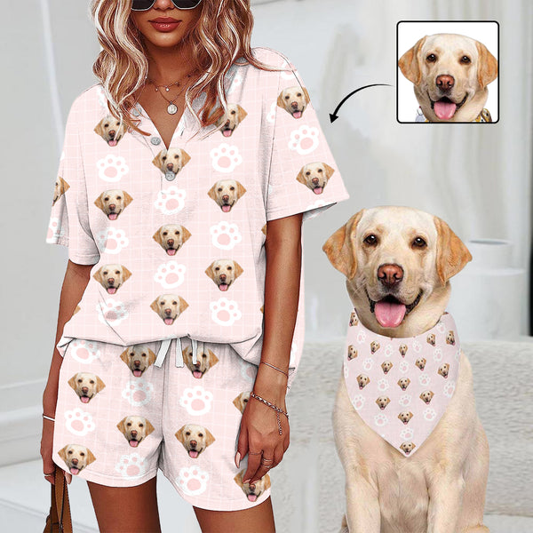 Custom Dog Face Pink Pajama Set Women's Short Sleeve Top and Shorts Loungewear Athletic Tracksuits