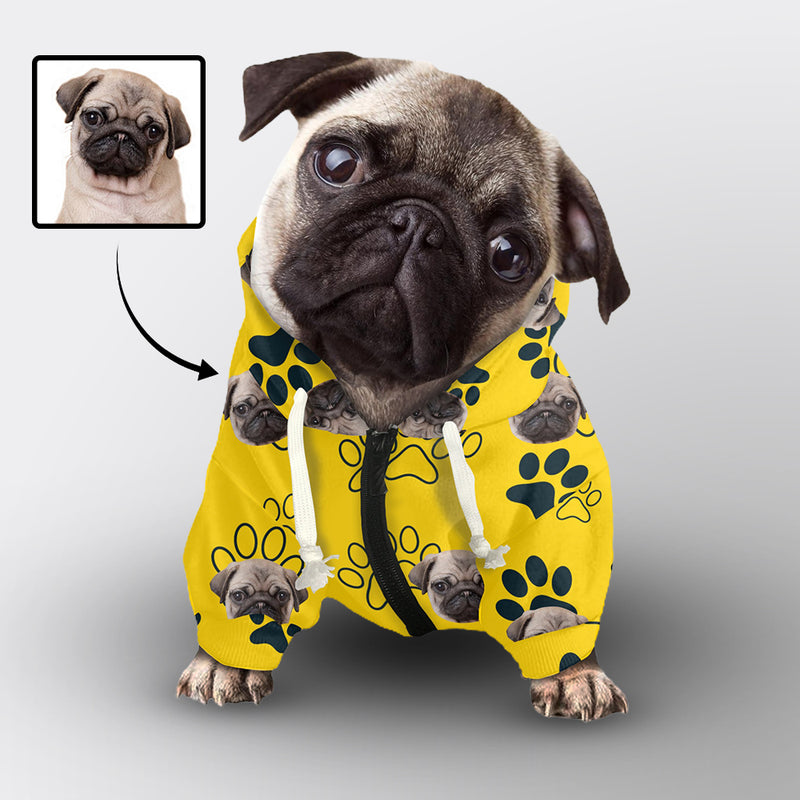 Custom Face Paws Yellow Pet Zipper Hooded Sweatshirt With Pocket Personalized Pet Clothes For Dog Cat