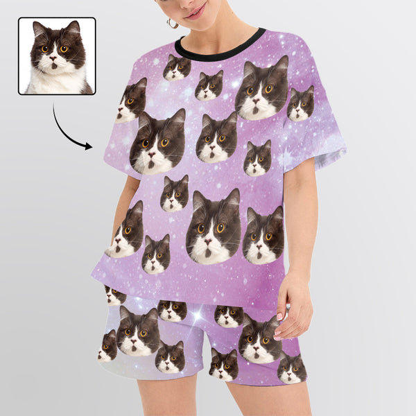 [Up To 5 Faces] Custom Face Pajamas for Women Purple Sky Sleepwear Personalized Women's Short Pajama Set