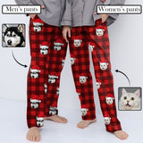 Custom Pet Face Red Plaid Christmas Hat Sleepwear Personalized Women's&Men's Slumber Party Long Pajama Pants