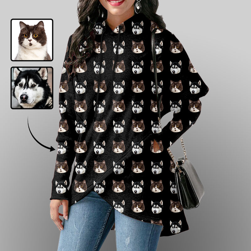 Custom Pet Face Women's Mid-length Hoodies Cat Dog Design Your Own Hoodie Personalized Loose Cross Hem Hooded Pullover