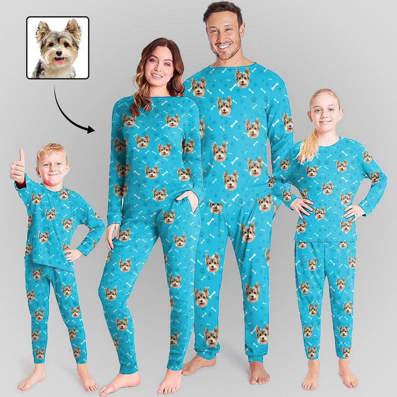 Custom Pet Dog's Face Paw & Bone Sleepwear Personalized Family Matching Long Sleeve Pajamas Set