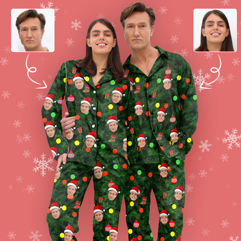 [Discount - limited time]SO HOT!!! Custom Face Pajama Green Background Christmas Sleepwear Personalized Men Women's Long Pajama Set