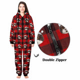 [Thick Soft Fabric] Funny Flannel Fleece Adult Onesie Pajamas Custom Face Christmas Red and Black Plaid Jumpsuit Homewear