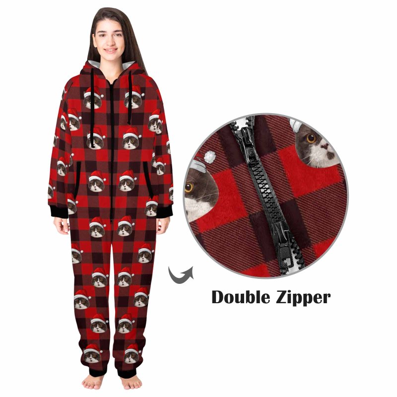 [Thick Soft Fabric] Funny Flannel Fleece Adult Onesie Pajamas Custom Face Christmas Red and Black Plaid Jumpsuit Homewear