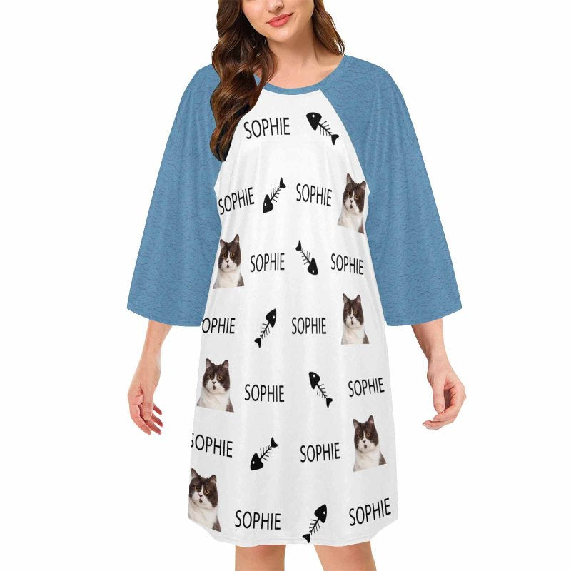 Custom Pet Face&Name Paw Bone Pajamas for Women's Oversized Sleep Tee Personalized Women's Loose Nightshirt Sleepwear