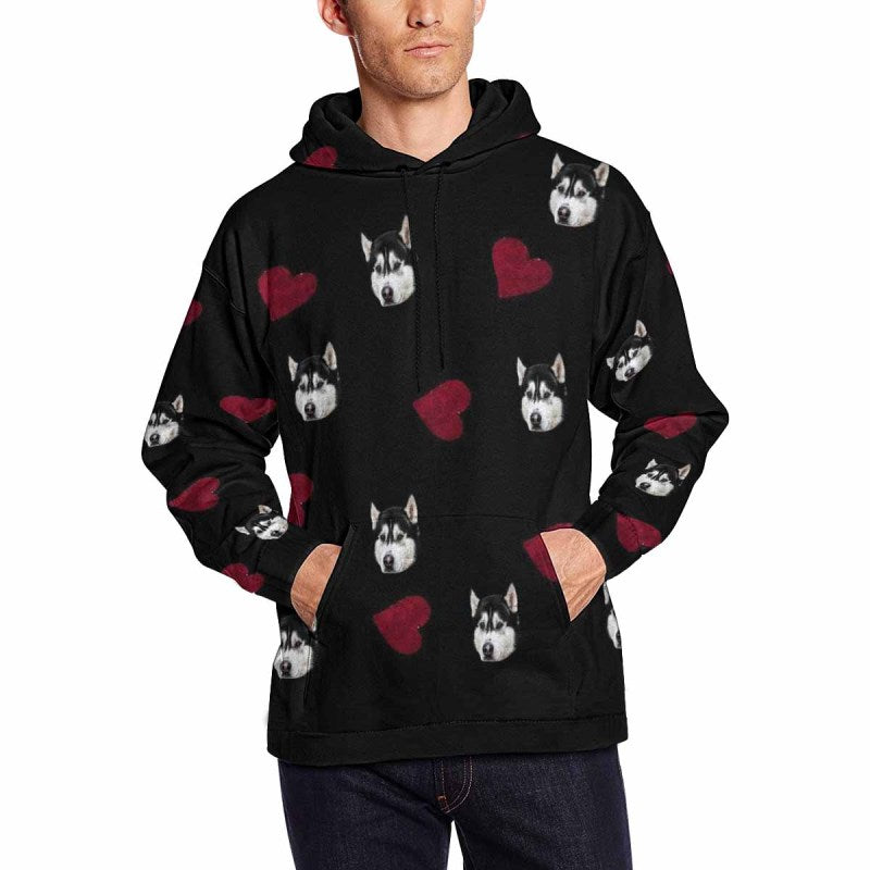 [High Quality] Custom Face Red Heart Cool Hoodie Designs Personalized Face Unisex Loose Hoodie Custom Hooded Pullover Top Plus Size for Him Her