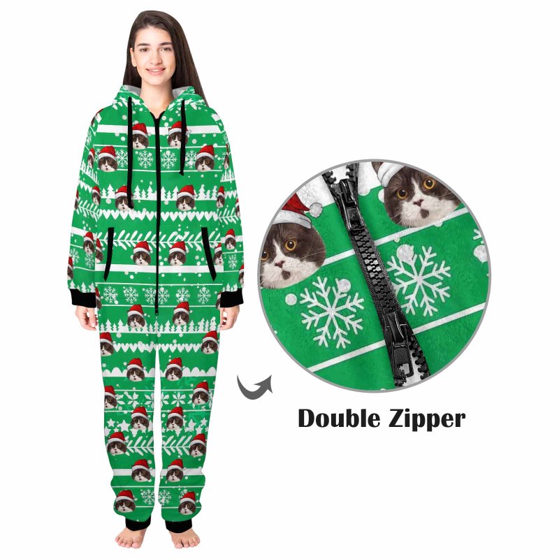 [Thick Soft Fabric] Funny Flannel Fleece Adult Onesie Pajamas Custom Face Christmas Jumpsuit Homewear