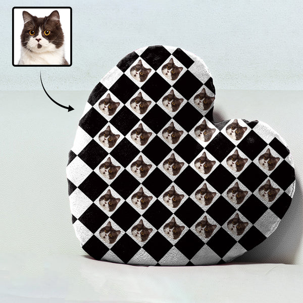 Custom Face Black White Grid Heart-Shaped Pillow