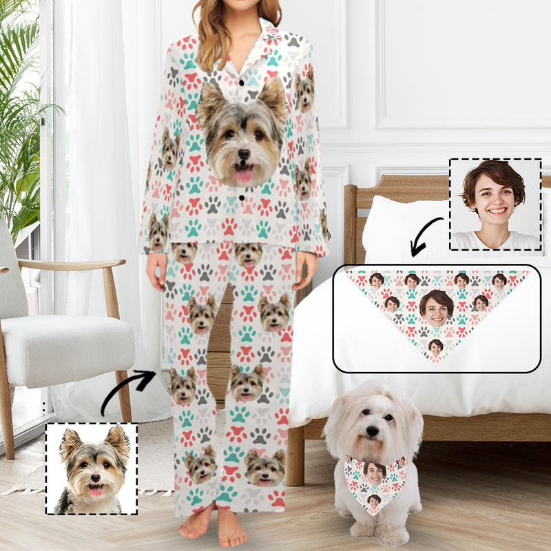 Custom Face Pajama Colorful Paws Women's Long Pajama Set Matching Dog Bandana Personalized Sleepwear