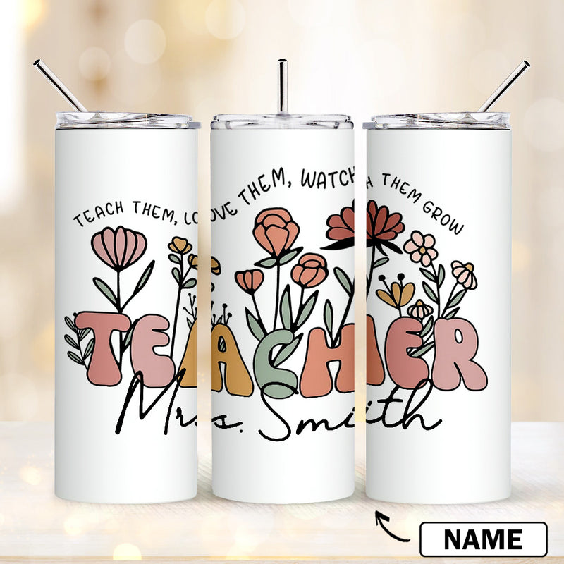 Personalized Wildflowers 20oz Name Skinny Tumbler with Straw Appreciation Gift for Teacher Back to School Gift