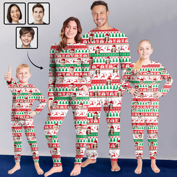 [Discount - limited time] Custom Face Trees Christmas Hat Trees  Sleepwear Personalized Family Slumber Party Matching Long Sleeve Pajamas Set