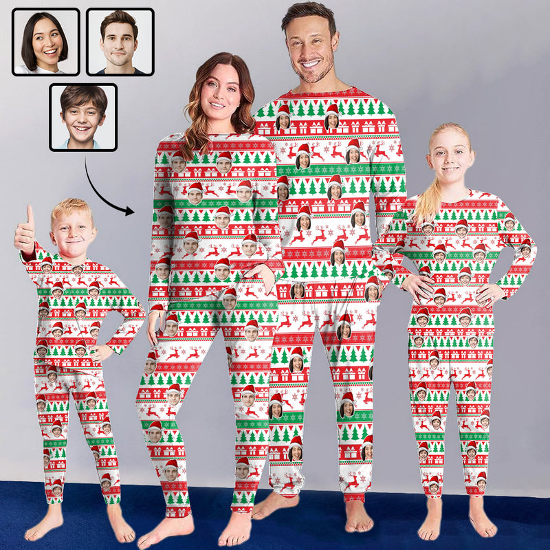 [Discount - limited time] Custom Face Trees Christmas Hat Trees  Sleepwear Personalized Family Slumber Party Matching Long Sleeve Pajamas Set