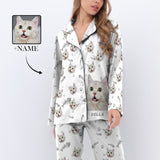 Custom Name&Photo Pajamas Dog Pet Cat Paw and Fish Bone Sleepwear Personalized Women's Long Pajama Set