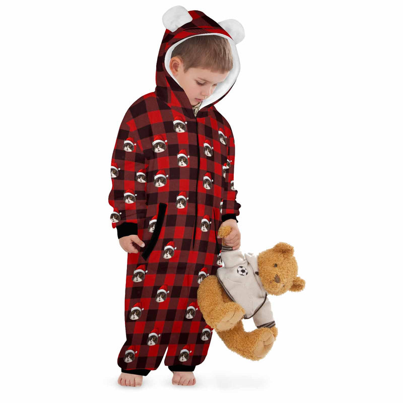 [Thick Soft Fabric] Funny Flannel Fleece Adult Onesie Pajamas Custom Face Christmas Red and Black Plaid Jumpsuit Homewear