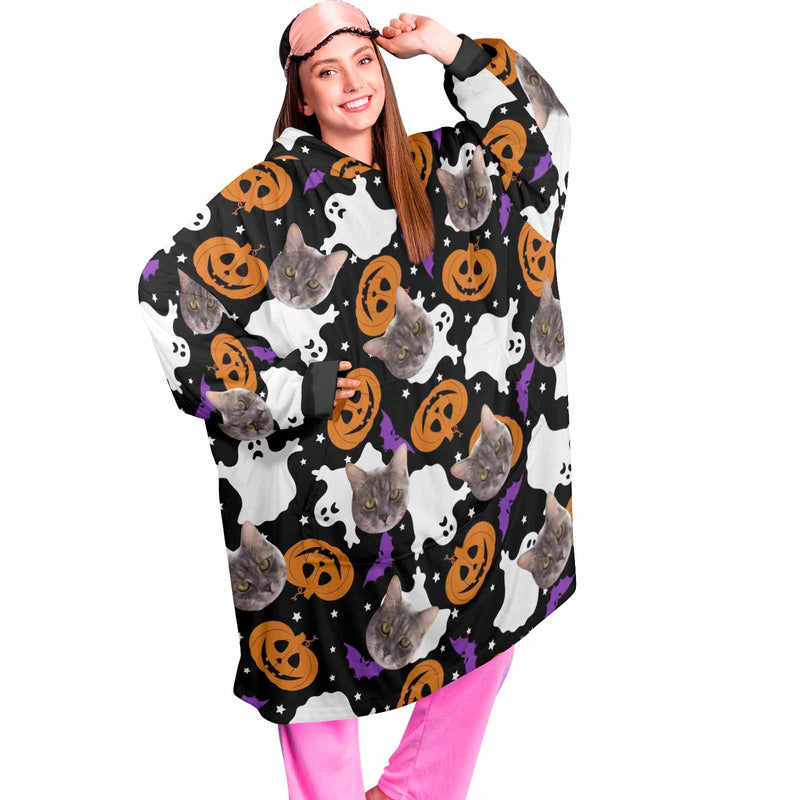 Wearable Blanket Hoodie Custom Faces Oversized Hoodie for Women Men Kids Personalized Fleece Blanket Photo Gifts For Halloween