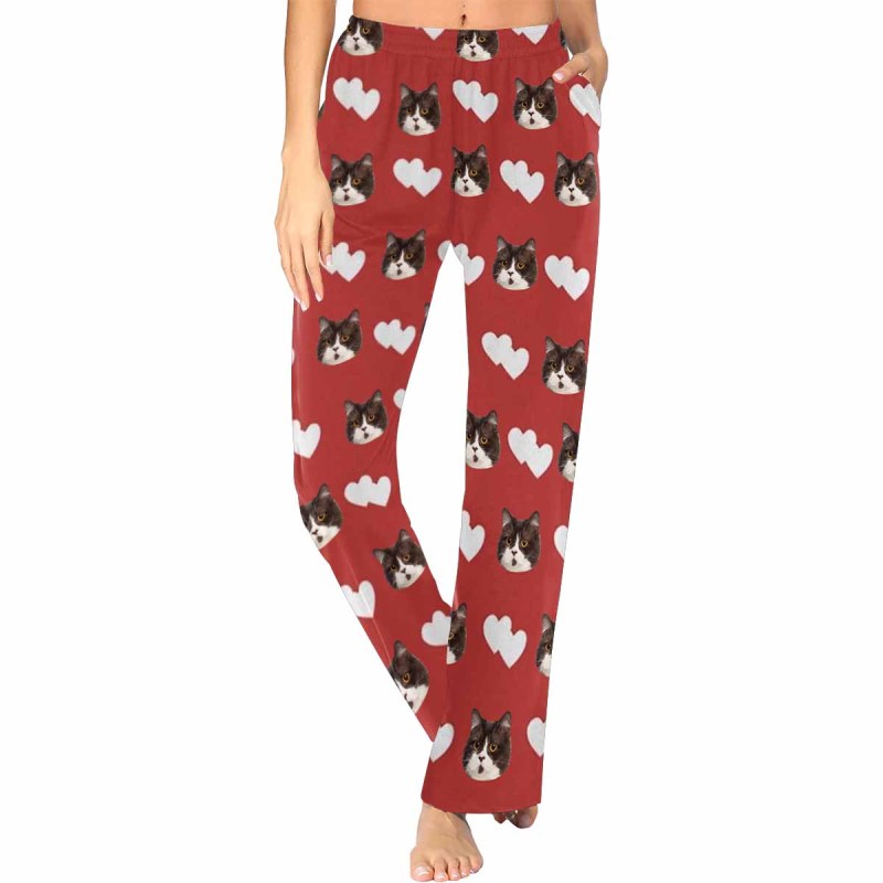 Custom Couple Face White Hearts Red Background Sleepwear Personalized Women's&Men's Slumber Party Long Pajama Pants