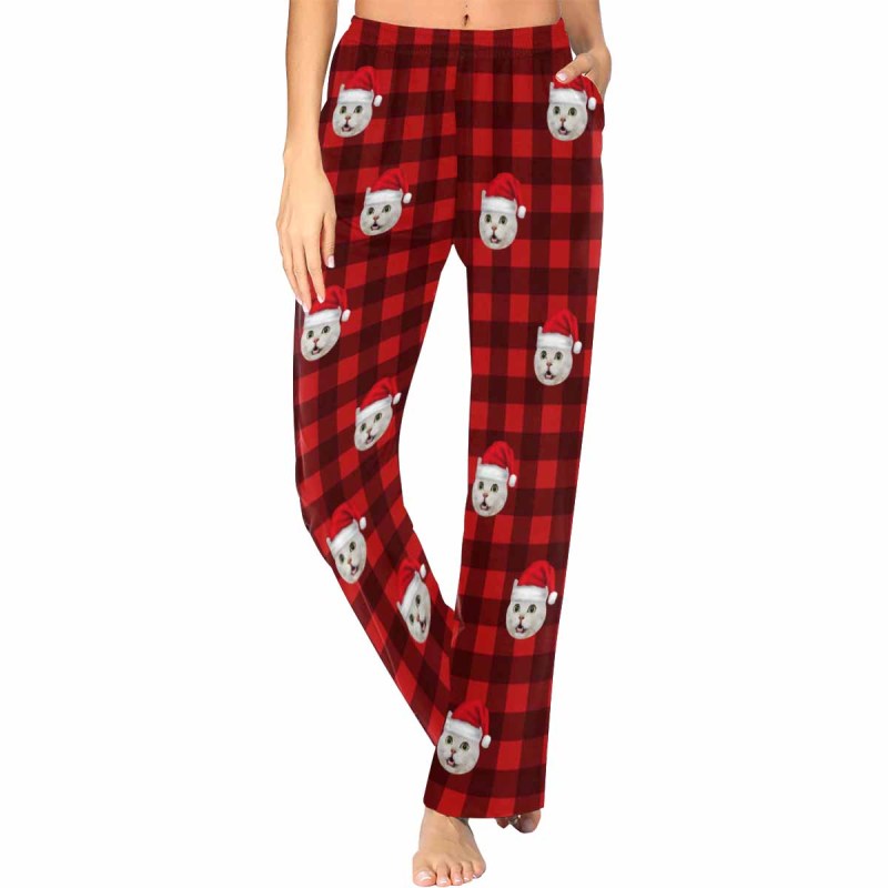 Custom Pet Face Red Plaid Christmas Hat Sleepwear Personalized Women's&Men's Slumber Party Long Pajama Pants