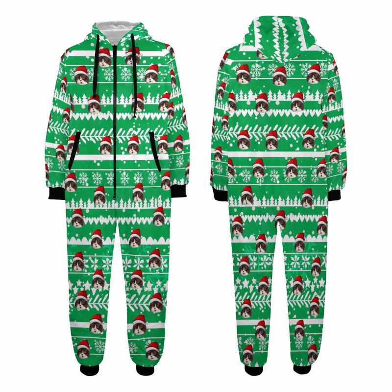 [Thick Soft Fabric] Funny Flannel Fleece Adult Onesie Pajamas Custom Face Christmas Jumpsuit Homewear