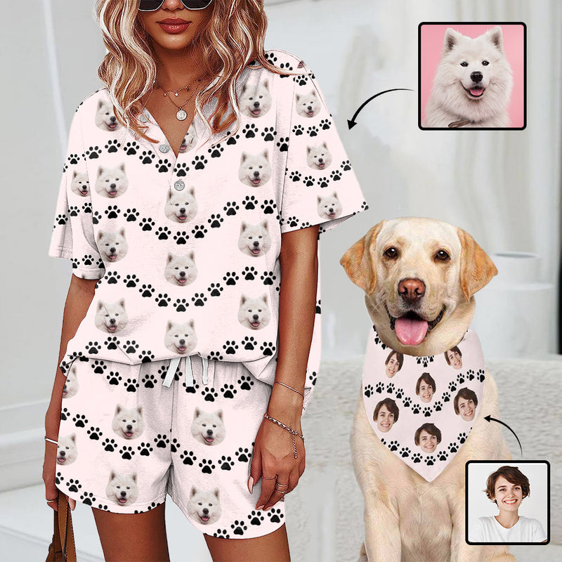 Custom Face Women's Short Set Pajama Set Paw Print Loungewear Matching Dog Bandana Personalized Face Pajama