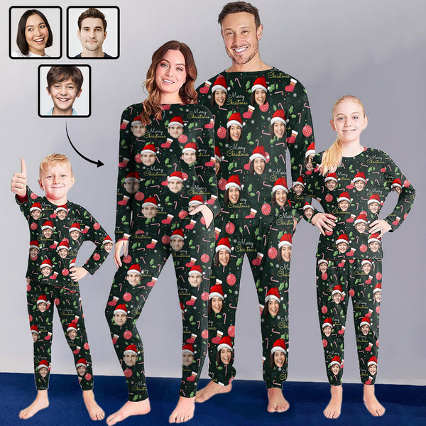 [Discount - limited time] Custom Face Christmas Balls Words Sleepwear Personalized Family Slumber Party Matching Long Sleeve Pajamas Set