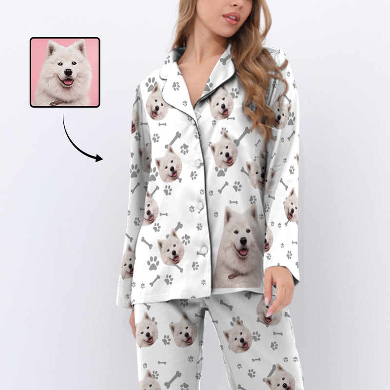 [Up To 5 Faces] Custom Photo Pajamas My Pet Dog Paw and Bone White Background Sleepwear Personalized Women's Long Pajama Set