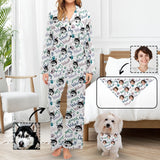 Custom Face Pajama Woof Women's Long Pajama Set Matching Dog Bandana Personalized Sleepwear