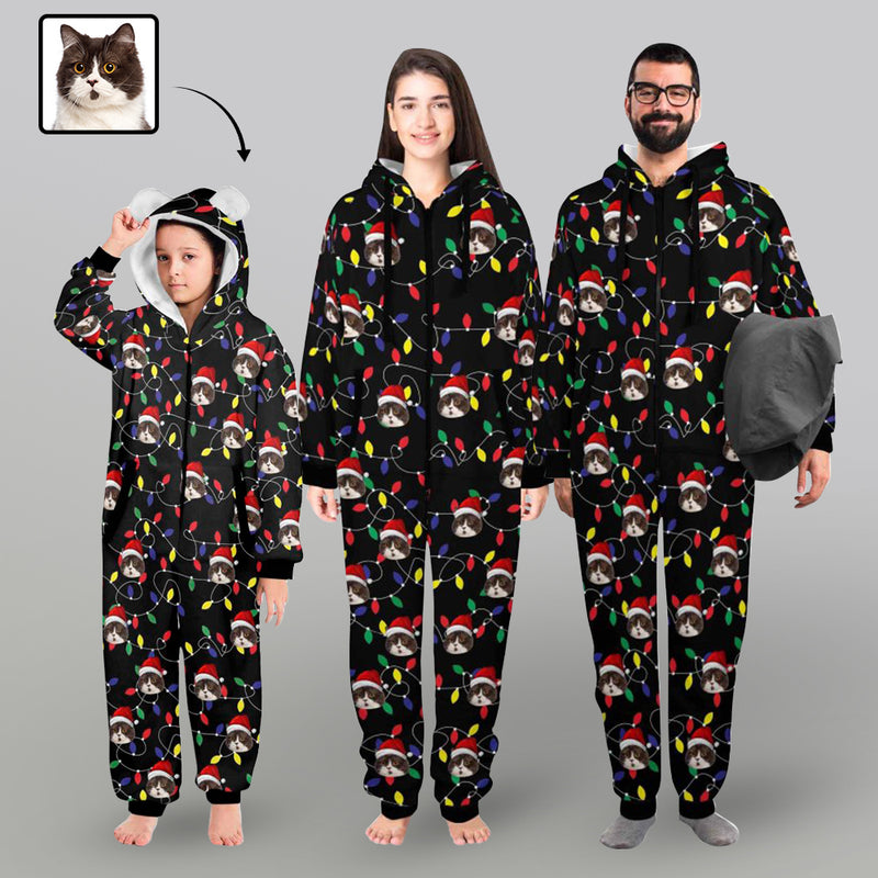 [Thick Soft Fabric] Funny Flannel Fleece Adult Onesie Pajamas Custom Face Christmas Lights on Black Background Jumpsuit Homewear