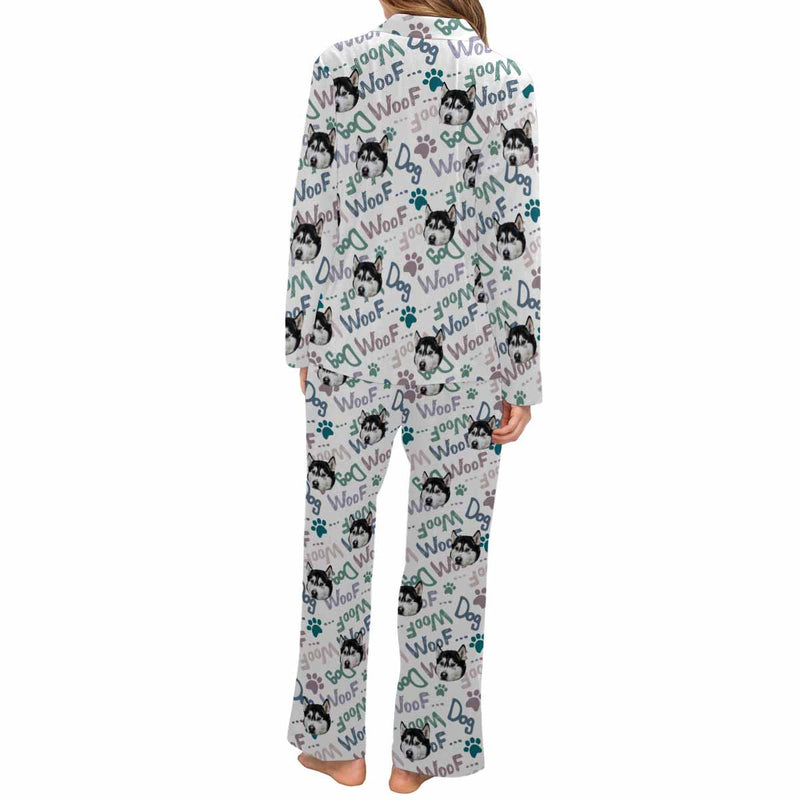 Custom Face Pajama Woof Women's Long Pajama Set Matching Dog Bandana Personalized Sleepwear