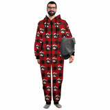 [Thick Soft Fabric] Funny Flannel Fleece Adult Onesie Pajamas Custom Face Christmas Red and Black Plaid Jumpsuit Homewear